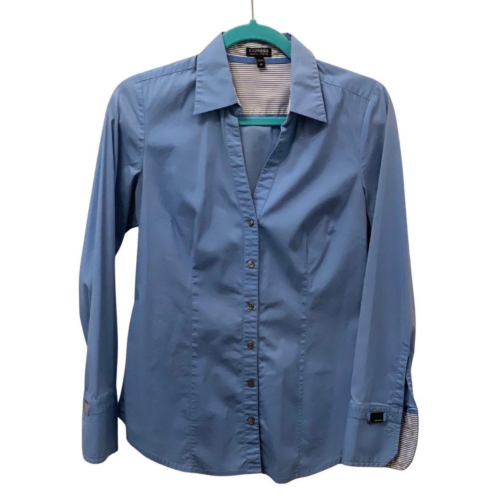 Express Essential Stretch Blue Button-Down Women’s Long Sleeve Shirt